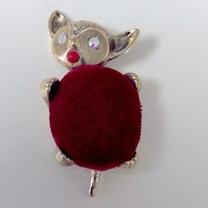 Rhinestone Vintage Mouse Pin Cushion Red Velvet Gold Faux Coral Sewing Notions